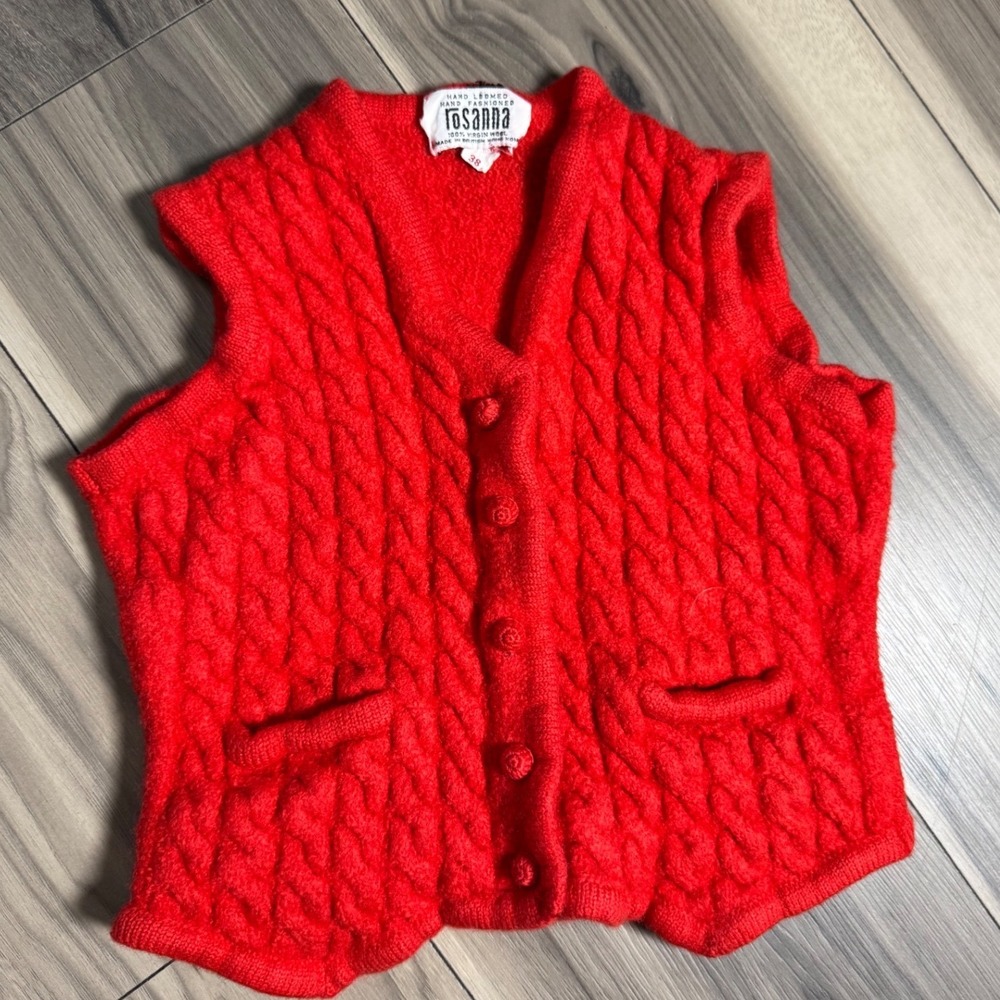 Vintage Rosanna Red Cable Knit Wool Vest Hand Loomed Button Front Sz 38